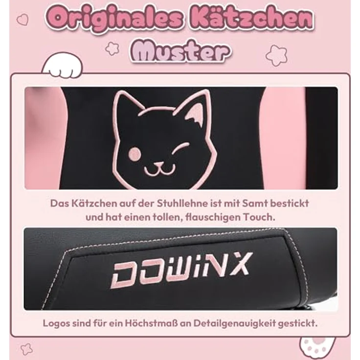 Dowinx Gaming Stuhl - Süße Katze Edition - Ergonomischer Computerstuhl mit Hoher Rückenlehne und Lendenwirbelstütze, PU-Leder, Fußstütze, Schwarz – Bild 6