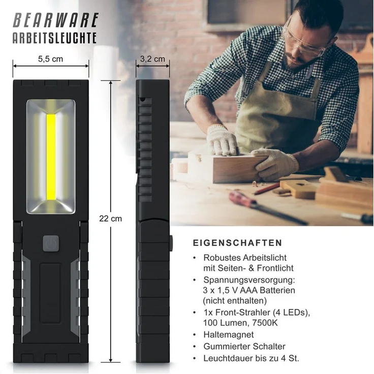 BEARWARE LED Arbeitsleuchte Werkstattlampe, Taschenlampe, Handlampe, batteriebetrieben, 200 Lumen, Ein-/Ausschalter, LED fest verbaut, Kaltweiß, mit Seiten LED, Stütze, Haken & Magnetfuß, für KFZ Haushalt Werkstatt – Bild 3
