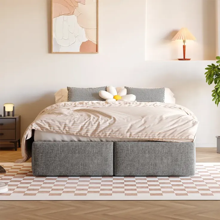 Futonbett mit Bettkasten, Lattenrost und Schubladen, 140x200 cm, Bezug, Leinen – Bild 3