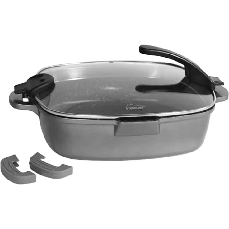 STONELINE Servierpfanne, Aluminium (Set, 2-tlg, 1 Servierpfanne, 1 Sieb-Glasdeckel, 2 Thermogriffschützer)