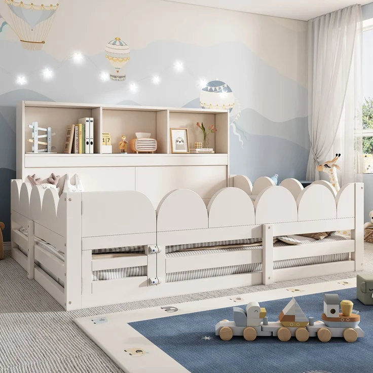 Kinder Bodenbett 140x190 cm Weiß Holzbett mit Rausfallschutz und Tür Lattenrost Kinderbett mit Regal großzügige Liegefläche für Geschwister sicherer Schlaf und Spielbereich ohne Matratze – Bild 8
