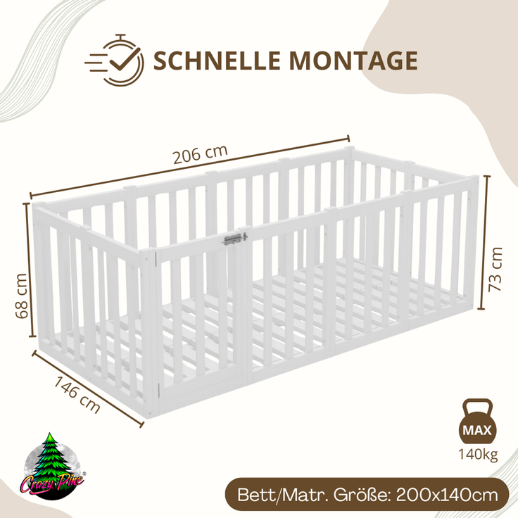 Crazy Pine 'Crazy John' Kinderbett mit hohem Rausfallschutz 73 cm, Holz, Weiß, 140x200 cm – Bild 2