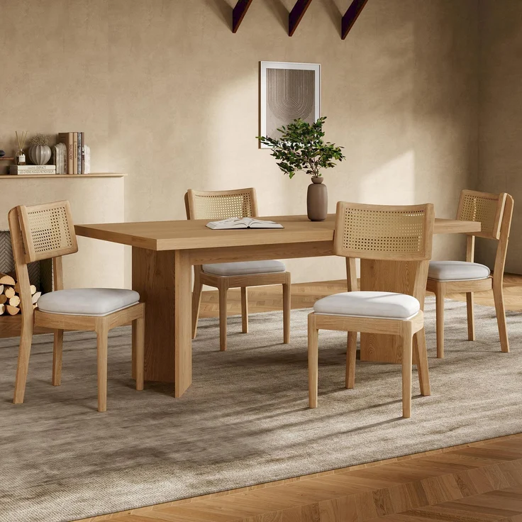 4 Esszimmerstühle aus Massivholz mit Rattan-Rückenlehnen, bequem und atmungsaktiv, geeignet für Esszimmer, Wohnzimmer, Cafés, moderner Stil, Leinen, Holzfarbe – Bild 10