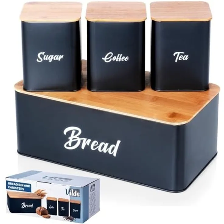 Brotkasten VILDE Set mit Behältern Metall-Bambusplatte schwarz 4-teilig