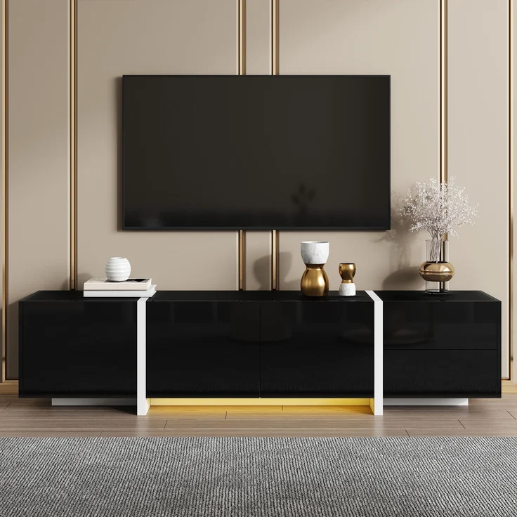 Eleganter TV-Ständer mit hochglänzendem Schwarz und weißen Beinen – 170 x 30 x 39 cm, 170x30x39 cm – Bild 3
