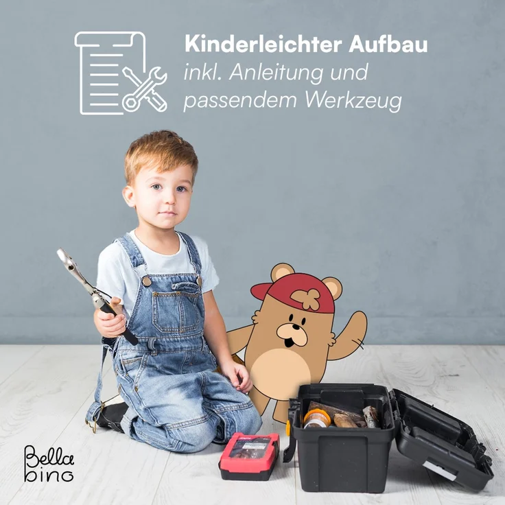 Bellabino 'Bia' Hausbett 140x200 cm mit Matratze, weiß, Kiefer Massivholz, Montessori Kinderbett mit Rausfallschutz und Lattenrost – Bild 10