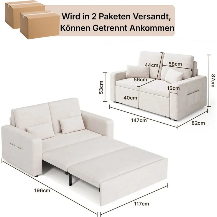 Blishom Schlafsofa 2-Sitzer-Schlafsofa aus Velours, ausziehbar, Liegefläche 117 x 196 cm, Mit Seitentaschen und zwei Zierkissen für Wohn- und Gästezimmer – Bild 3