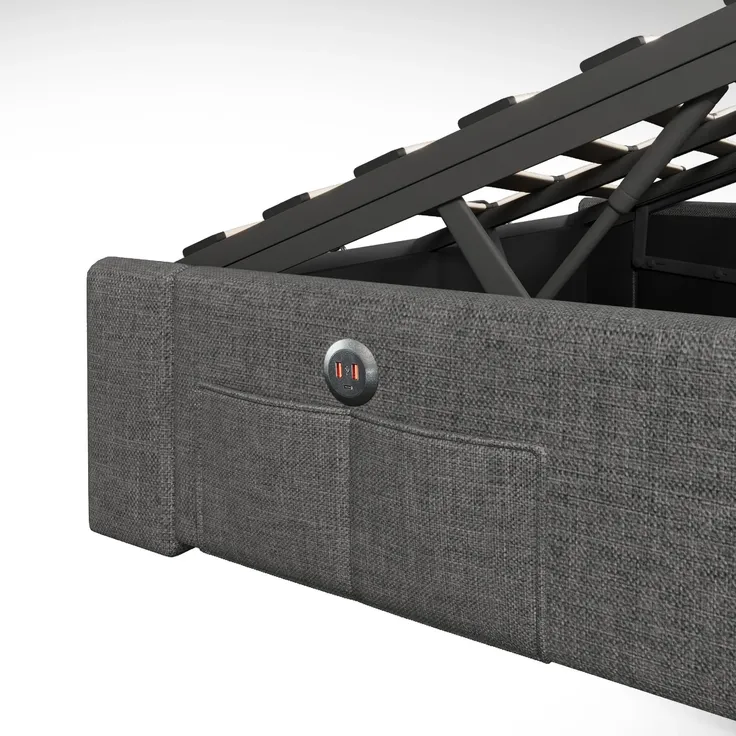 Futonbett mit LED-Beleuchtung, Aufbewahrung und Mehrfachsteckdose, 140x200 cm, Doppelbett ohne Kopfteil, Leinen – Bild 9
