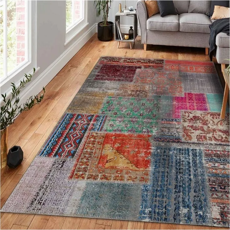 Bamyum Teppich Denise Teppich mit Chenille-Druck, Waschbarer, Antibakteriell Teppich, Einzelstück