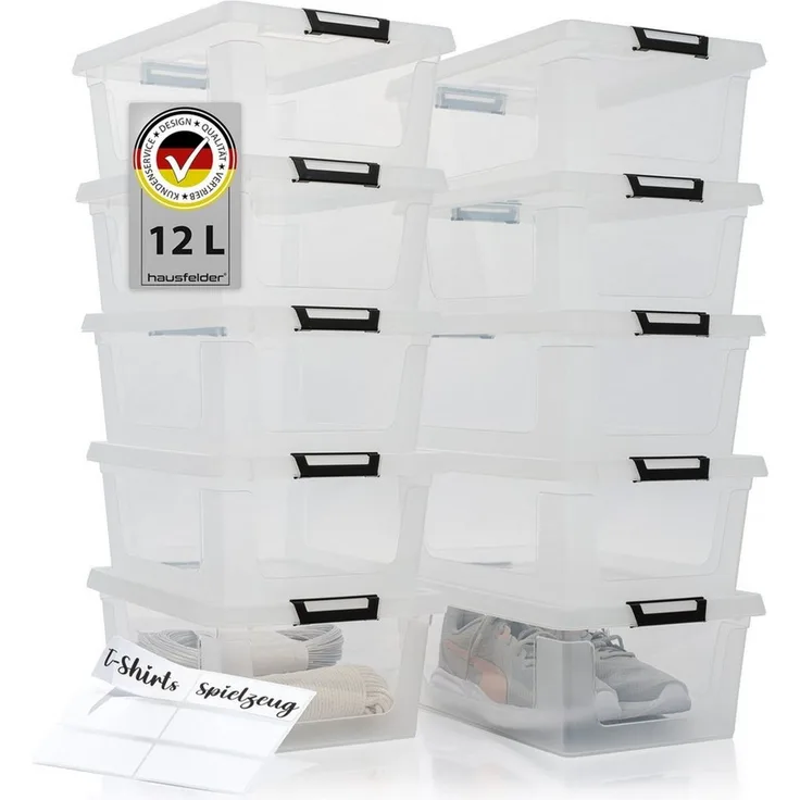 Hausfelder Aufbewahrungsbox Ordnungsboxen mit Deckel und Verschlussclips,12 l, 10 Stück,10 x 12 l (10er Set, 10 St, 10 Boxen + 10 Deckel), stapelbar, mit Klickverschluss, in drei Größen erhältlich