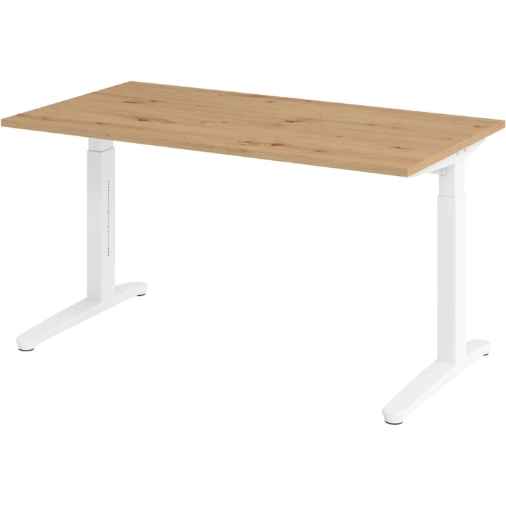 bümö manuell höhenverstellbarer Schreibtisch 140x80 in Asteiche, Gestell in weiß - PC Tisch höhenverstellbar & klein, höhenverstellbarer Tisch Büro, kleiner Computertisch verstellbar, X14-R-WW – Bild 1