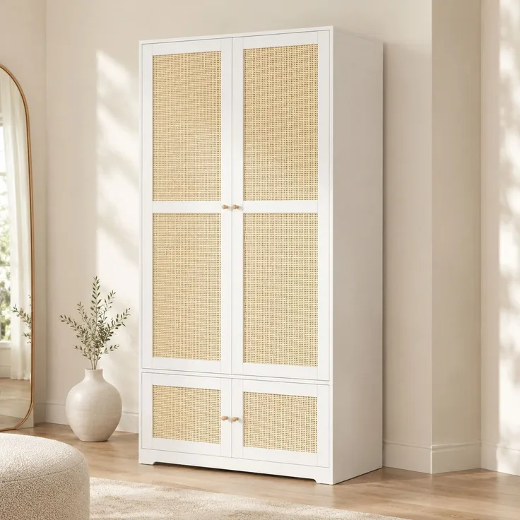 Kleiderschrank 90 x 48 x 180 cm mit Rattantüren, MDF und Kleiderstange, Weiß