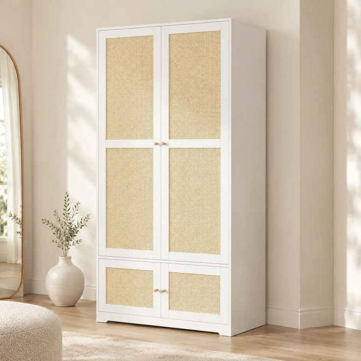 Kleiderschrank 90 x 48 x 180 cm mit Rattantüren, MDF und Kleiderstange, Weiß – Bild 1