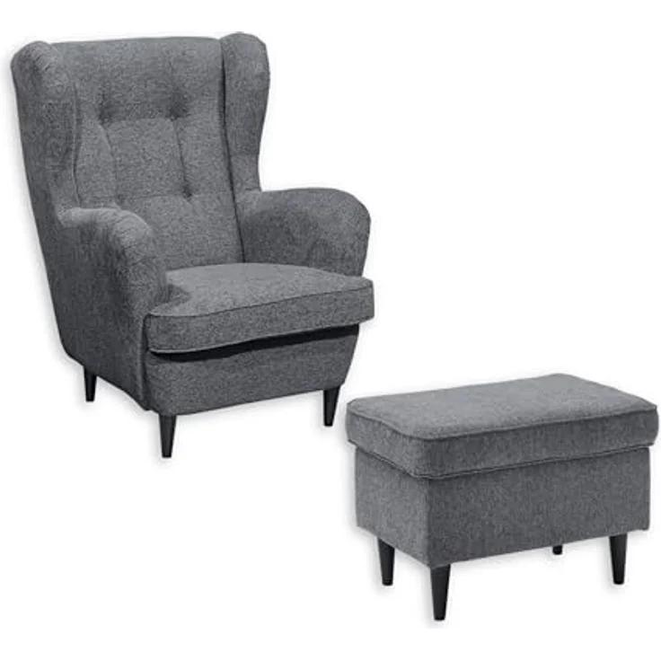 OSKAR Ohrensessel inkl. Fußhocker, Anthrazit - Vintage Wohnzimmer Sessel Set mit Massivholz Füßen - 78 x 102 x 98 cm (B/H/T) – Bild 2