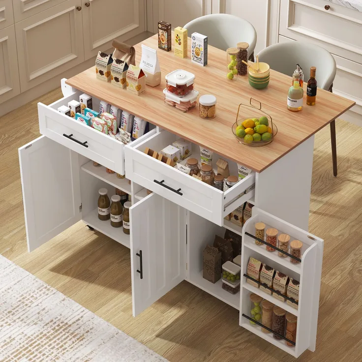 129x46(71)x91,5 cm großer Speisewagen/Sideboard, Arbeitsplatte mit Massivholzmaserung + Weiß Schrank/faltbare Arbeitsplatte/Aufbewahrungstür-Design/Räder/Massivholzfüße umschaltbar/für Zuhause geeig