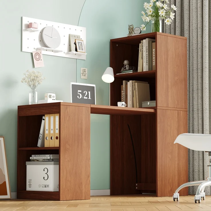 Flieks Klapptisch 130 x 51 x 137 cm, 2-in-1 Schreibtisch und Bücherregal mit 4 Fächern und Rollen, Nussbaumoptik – Bild 3