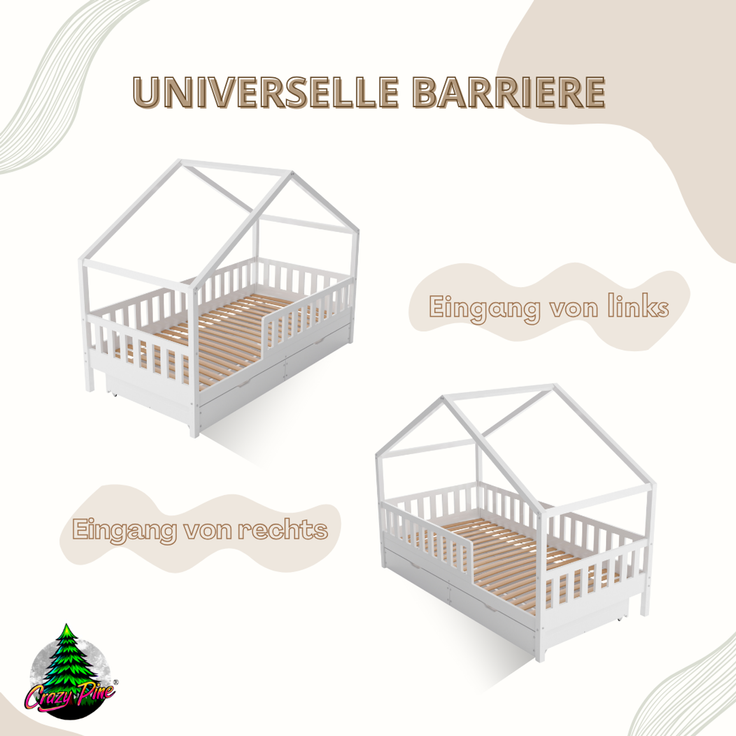 Crazy Pine 'Crazy House' Hausbett mit abnehmbaren Rausfallschutz, Naturholz, Weiß, 140x200 cm, mit Schubladen – Bild 8