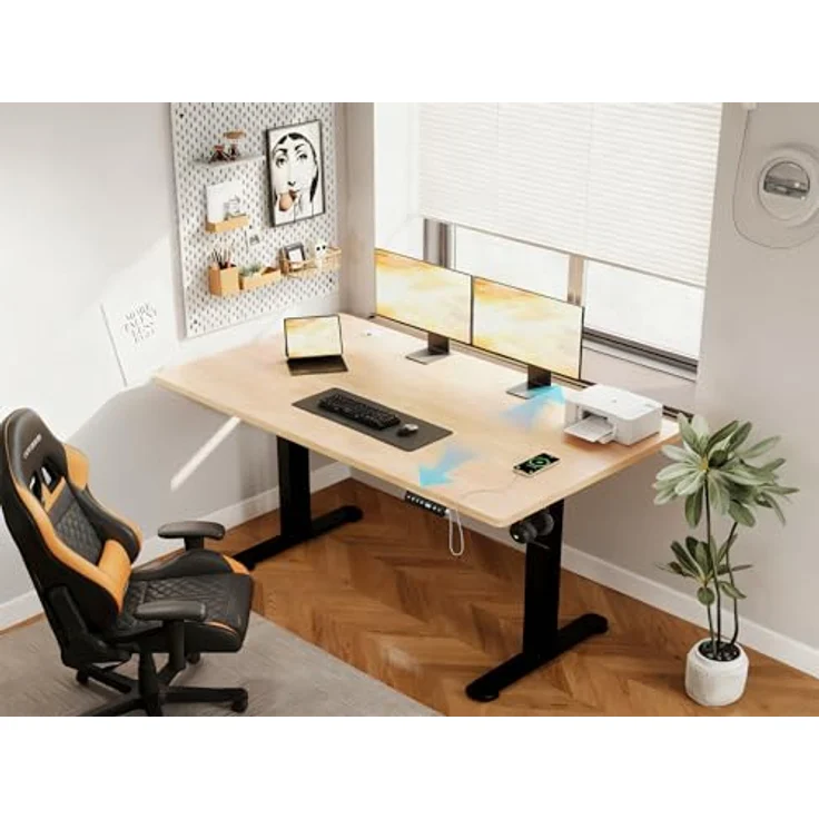 JUMMCIO Höhenverstellbarer Schreibtisch 160x80 cm, Stabiler Elektrischer Schreibtisch mit Vierteilige Tischplatte, Computertisch mit Memory Funktion,Standing Desk für Büro, Beige&Schwarz – Bild 2