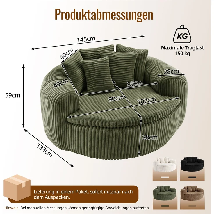 Abrihome Sitzsack mit Armlehnen und Rückenkissen, Grün, 145x133x59 cm – Bild 3