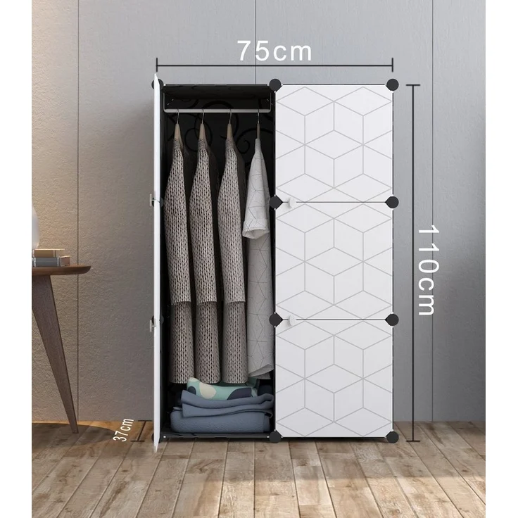 Home Collective Kleiderschrank Modular, Kombischrank, Steckregal, 3kg Kammerkapazität 6 Regalen und 2 Kleiderstangen, Polypropylenplatten, schwarzes Muster – Bild 2