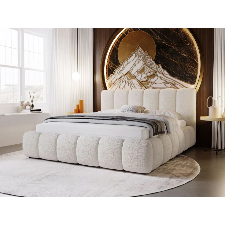 GRAINGOLD Cloud Bett 120x200, Polsterbett ohne Bettkasten, Bouclé-Stoff, mit Lattenrost, Beige – Bild 1
