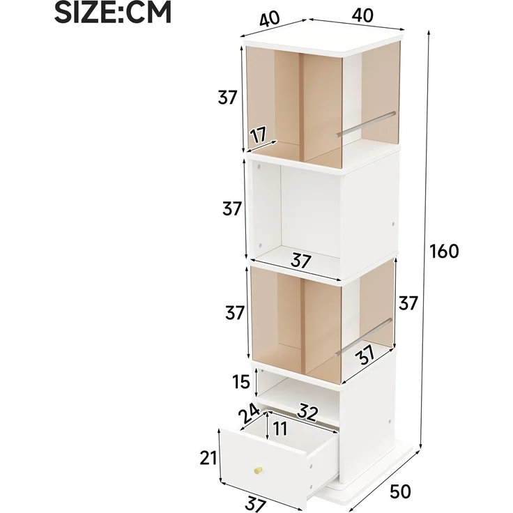 50*50*160cm, drehbare Vitrine, braunes gehärtetes Glas, MDF-Melaminplatte, Drehteller, MDF-Melaminplatte, Schubladenschienen, goldene Griffe, weiß + braun.--Braun + Weiß--50x50x160cm--YOUDENOVA – Bild 9