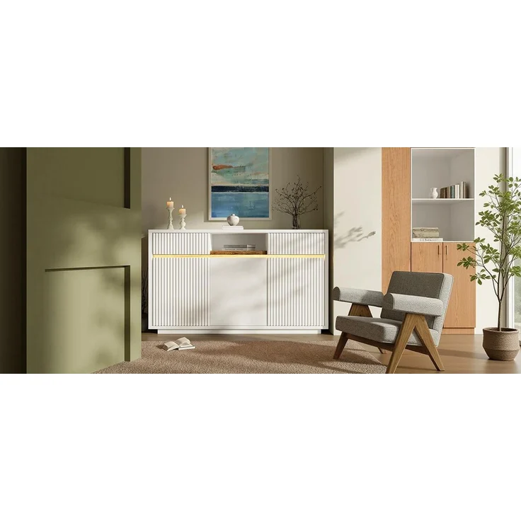 TavilaEcon Sideboard Kommode, Schrank mit LED, 2 Schubladen und 3 Türen weiß 85 × 40 × 140 cm (H × T × B) – Bild 4