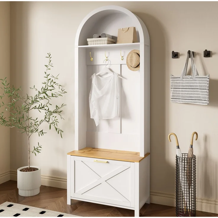 Garderobenschrank 75x35x195 cm in Holzfarbe/Weiß mit Haken, Ablage und Schuhfach – Bild 1