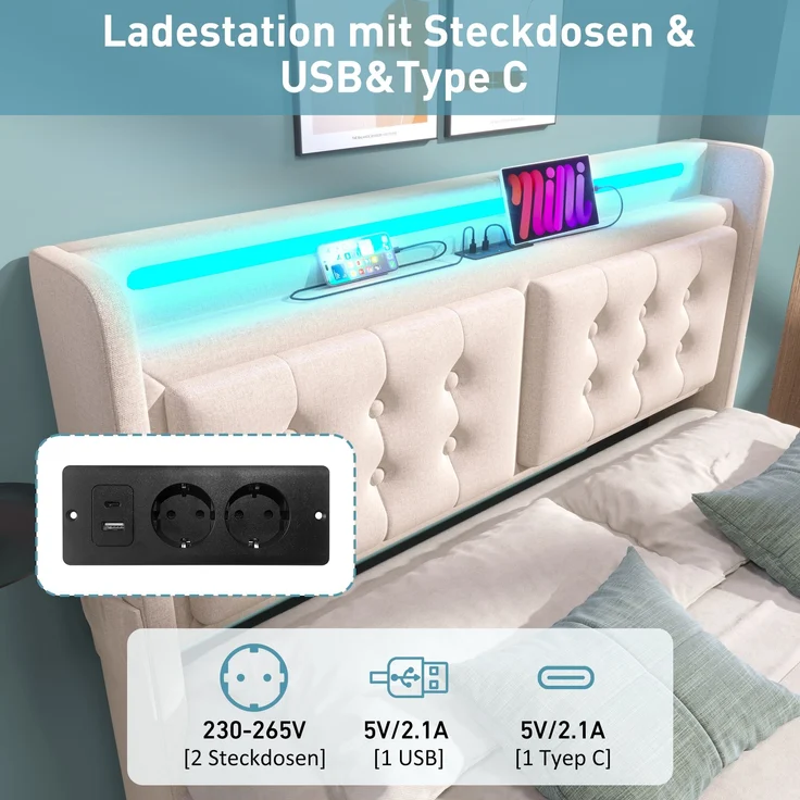 Polsterbett Baumwoll-Leinen mit LED & USB-Anschluss, 180x200 cm, 188x220x106 cm, Beige, ohne Matratze – Bild 6