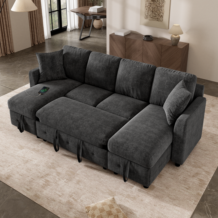 ZUBALIYA Schlafsofa 61x107 cm, mit USB - Anschluss, mit Stauraum, mit Ausziehbett, mit Chenille - Bezug, mit breiten Armlehnen, Grau