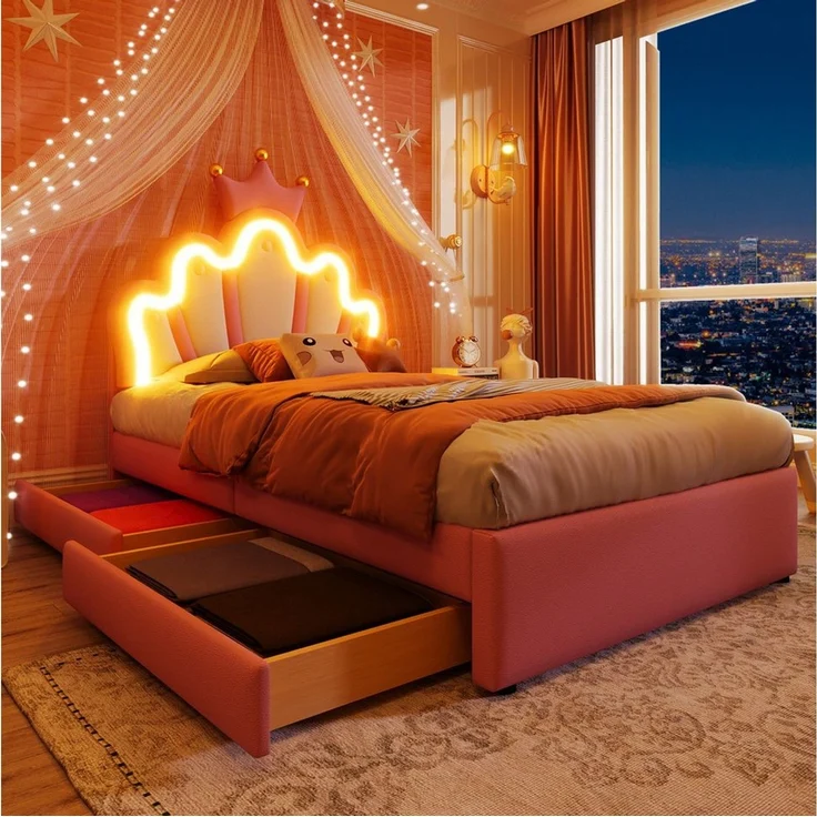 Flieks Polsterbett, LED Kinderbett mit krone-Form Prinzessinnenbett 90x200cm 2 Schubladen – Bild 2