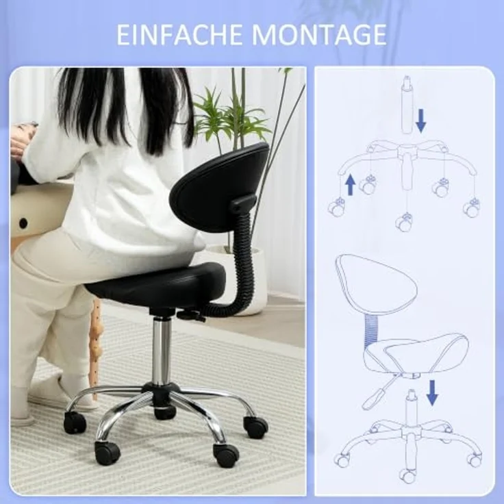 HOMCOM Drehhocker Hocker Bürohocker Sattelhocker mit Rückenlehne (höhenverstellbar Rollhocker, 1 St, 360° drehbar Arbeitshocker), für Büro Salon Massage Spa Schwarz – Bild 7