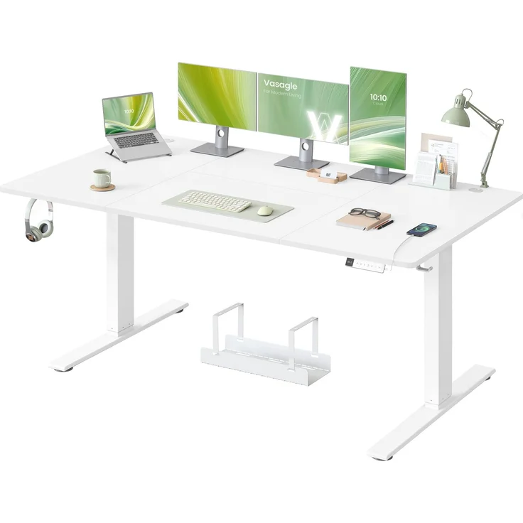 VASAGLE Höhenverstellbarer Schreibtisch, 180x80 cm, USB-C-Anschluss, Ablage für Steckdosenleiste, Stehtisch, Erinnerung bei langem Sitzen, 3 Speichertasten, für Büro, mattweiß LSD148WZ02 – Bild 1