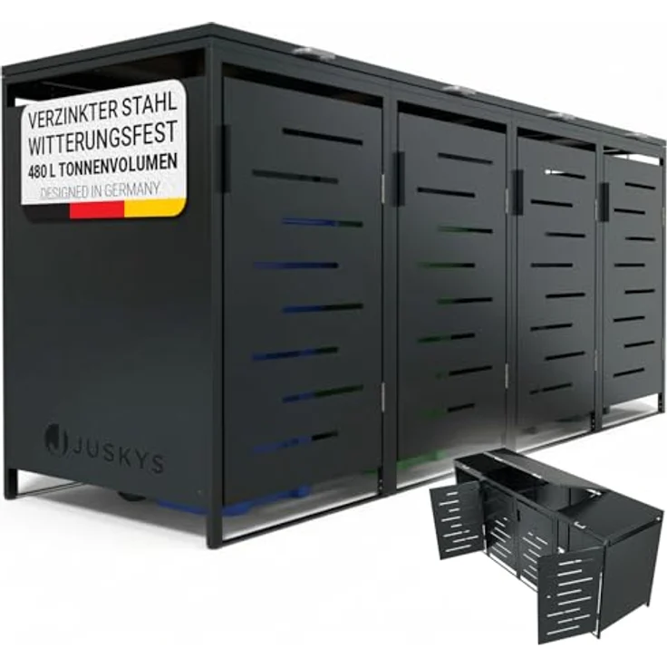Juskys Mülltonnenbox Arel 4er - Metall Gartenbox für 120 bzw. 240l Mülltonnen - Aufbewahrungsbox - Unterstand mit Dach & Gasdruckfeder - Anthrazit – Bild 2