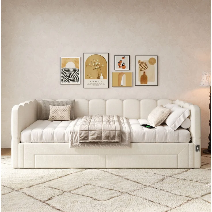 CHICFURN Bett aus Leinen Beige 90/180x200 cm mit 2 Schubladen und USB- und Type-C-Anschlüssen – Bild 9