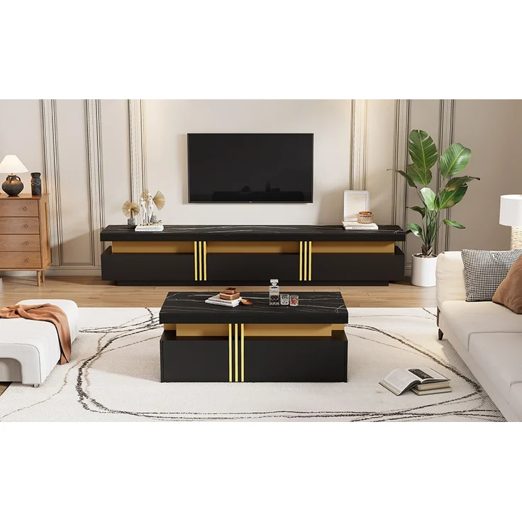 Wohnzimmermöbel Set 200x40x42 cm, mit Schubladen, mit Hochglanzoberfläche, Konstruktion aus Spanplatte, Schwarz – Bild 7