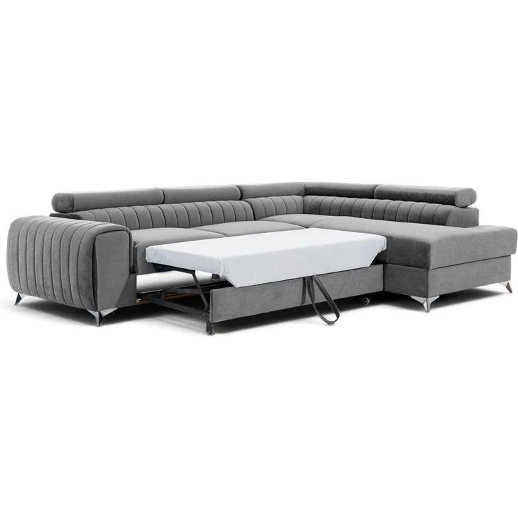 Ecksofa mit Schlaffunktion Sofa ELENI Stoff Paros Hellgrau Ottomane Rechts – Bild 2