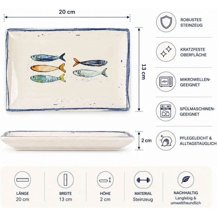 WestCraft Speiseteller Teller, mediterran mit Sardinen-Motiv, Maritime Servierplatte 20×13cm, (4 St), 4er Set, hochwertig und robust - langlebig und vielseitig einsetzbar – Bild 3