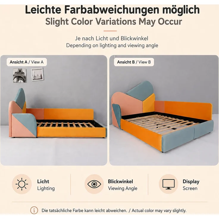 TavilaEcon Polsterbett Weiches Bodenbett mit gepolstertem Kopfteil & Fallschutz Blau+Pink+Orange Liegefläche 140 × 200 cm – Bild 7