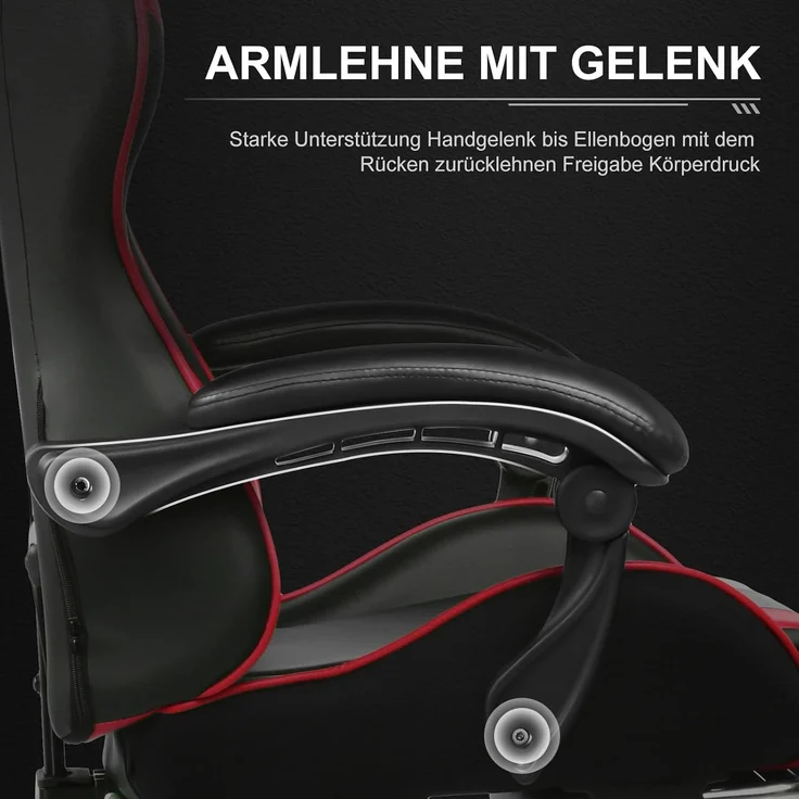 GTPLAYER Gaming Stuhl Bürostuhl Massage Gaming Sessel Ergonomischer Gamer Stuhl mit Fußstütze, Kopfstütze Massage-Lendenkissen, Gepolstert Gaming Chair, Drehsessel, rot – Bild 4