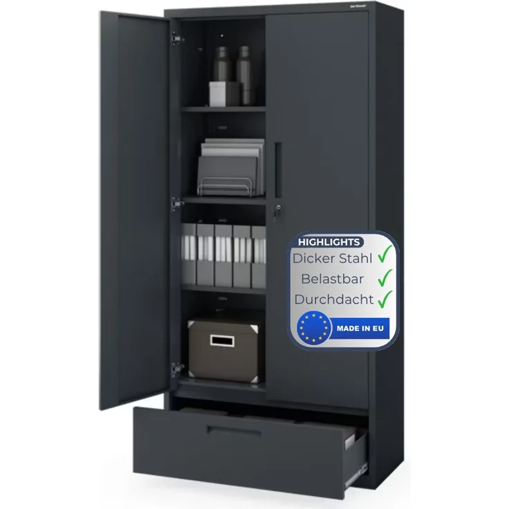 Metallschrank mit Einzel-Schublade RUEL - 195x90x40cm Anthrazit | Büroschrank Aktenschrank Stahlschrank Fachbodenschrank Werkstattschrank