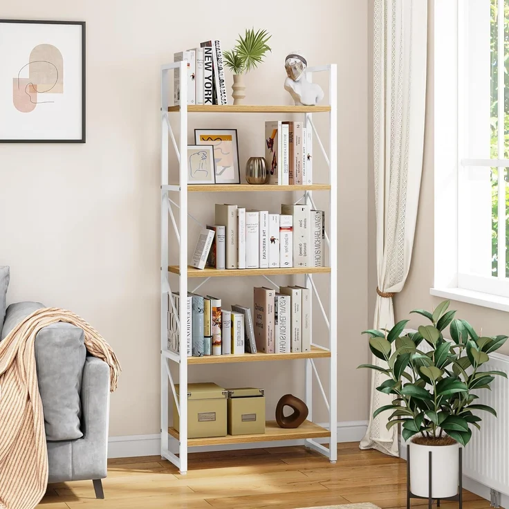 YITAHOME Bücherregal mit 5 Ebenen，Industrielles Standregal Aufbewahrungsregale für Wohnzimmer Bücher Schlafzimmer Büro Küche Zeitschriften, Weiß und Holzfarbe – Bild 1