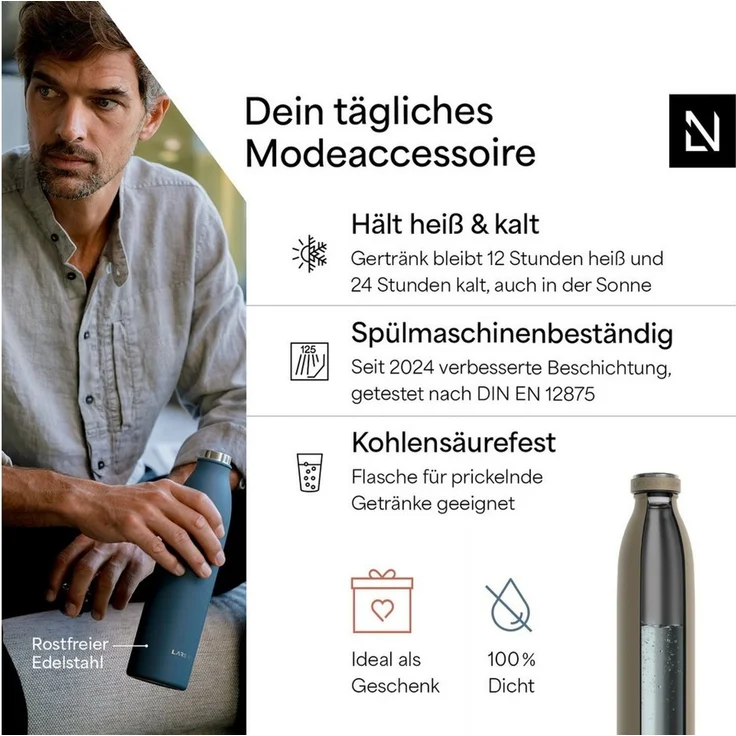 LARS NYSØM Edelstahl Trinkflasche 350ml, 500ml, 750ml, 1L, 1 5 liter | Thermosflasche Kohlensäure geeignet | Auslaufsichere Wasserflasche für Sport, Outdoor, Schule (Taupe Brown, 500ml) – Bild 2