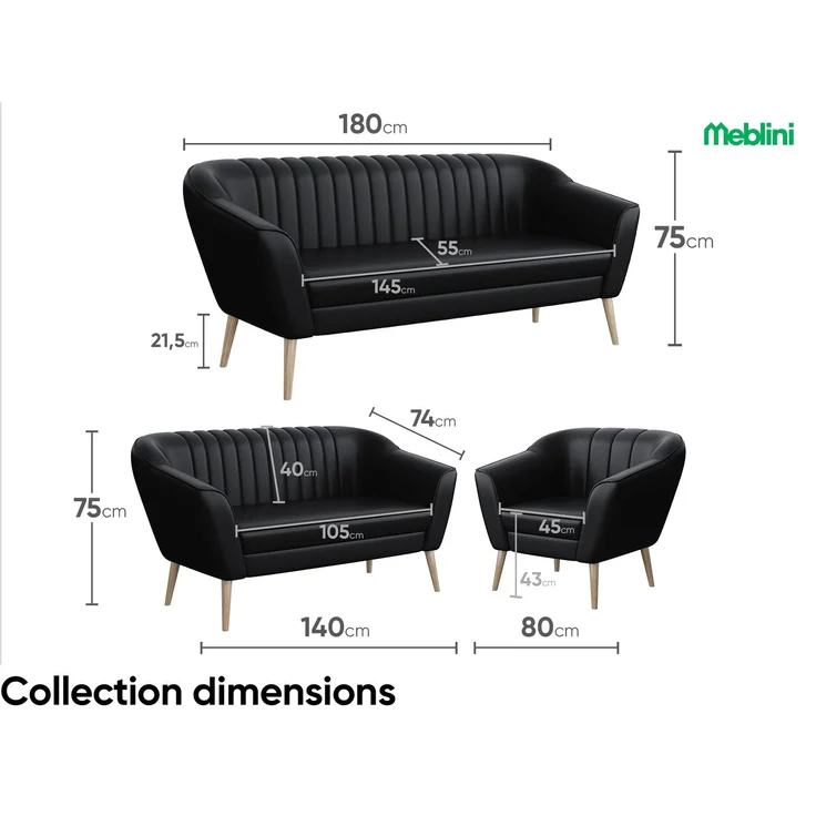 MEBLINI Mini Sofa Set 2-1-1 für Wohnzimmer - Mini Lounge für vier Personen - Küchensofa - Sofa Klein - Sitzgarnitur - Polstergarnitur - Sofagarnituren - KAIA - 2+1+1 - Schwarz Kunstleder – Bild 6