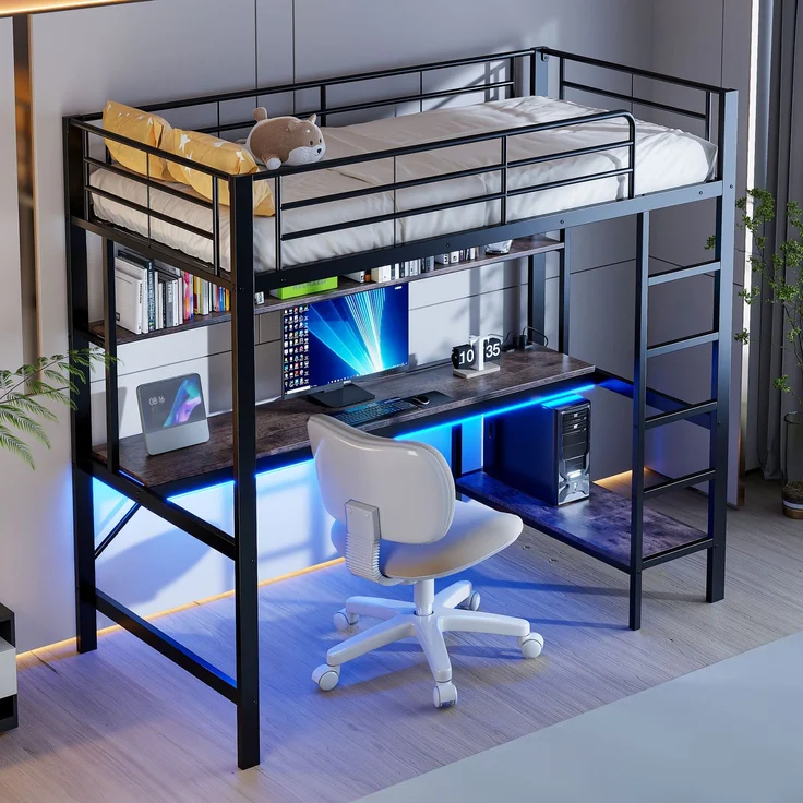 Hochbett 90x200 cm, Kinderbett und Jugendbett, mit Schreibtisch, mehrstöckigem Regal, LED-Licht und USB/Steckdose, Metall, Schwarz – Bild 4