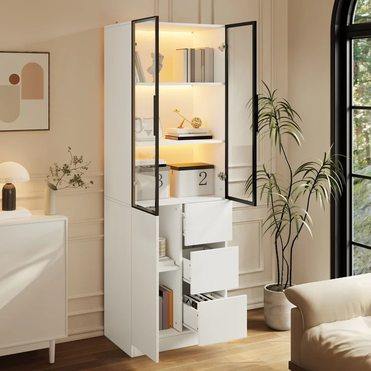 Vitrine 60 x 40 x 180 cm aus Spanplatte in Weiß mit Glastüren und App-steuerbarer LED-Beleuchtung – Bild 2