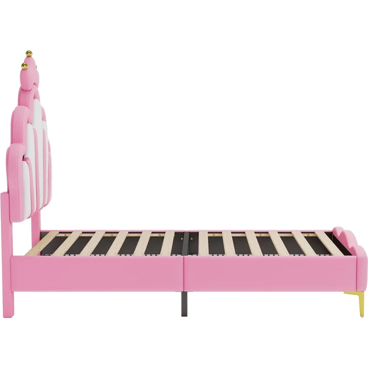 U-life Prinzessinnenbett 90x200 cm Einzelbett Kinderbett Jugendbett mit Kronen-Kopfteil, LED-Lichtleiste und PU-Bezug, Rosa – Bild 7