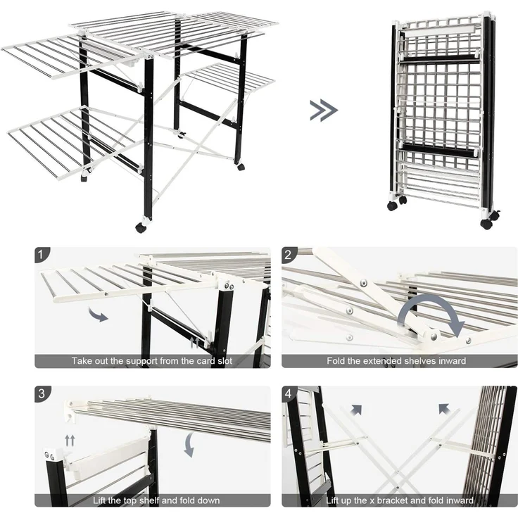 Todeco - Klappbarer Kleiderbügel, Klappbarer Wäscheständer - Material: Edelstahl - Größe der großen klappbaren Seitengitter: 49,0 x 43,2 cm (x 4 Teile) - 174 x 105 x 84 cm, Schwarz/Weiß – Bild 4