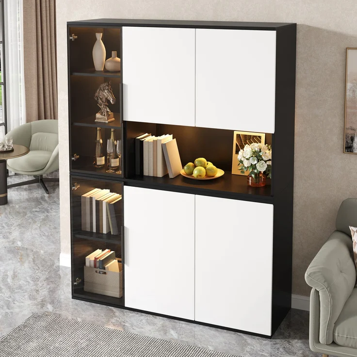 Hochschrank, Vitrine, Highboard, Anrichte, Schwarz-Weiß Optik, Glaselemente, integrierte LED-Leuchten, MDF-Korpus, geräumiger Stauraum, Esszimmerschrank, Wohnzimmerschrank--Schwarz, Weiß--120x40x160cm--YOUDENOVA – Bild 6