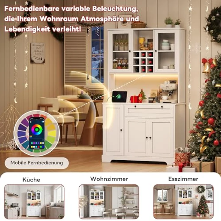 Ball & Cast Küchenschrank, Buffetschrank mit verstellbaren Einlegeböden, Steckdosen und Integrierter Beleuchtung, 105 x 40 x 180 cm, Weiß – Bild 6
